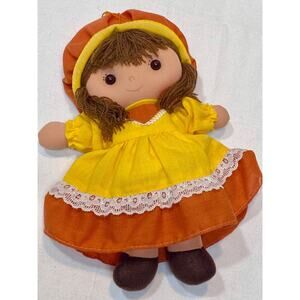 KAMAR 'Amanda' Stuffed Doll Girl In Orange Yellow Dress Vintage 8"